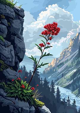 Red Flowers in Mountain Landscape