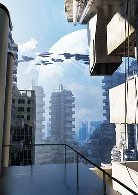 Futuristic Cityscape with Spaceships and Moon