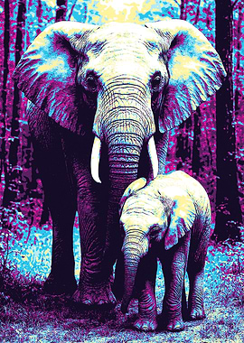 Elephant and Calf in Forest Portrait Art