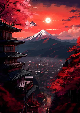 Japanese Pagoda with Mount Fuji View