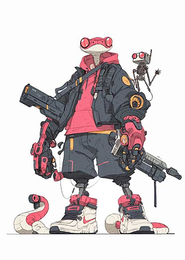 Cyberpunk Frog Warrior with Robot Companion