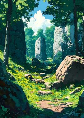 Lush Forest Path with Standing Stones