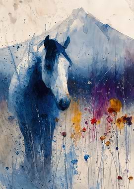 Majestic Blue Horse Watercolor Wall Art | Ethereal Equine in Mountain Wildflowers | Modern Abstract Animal Print