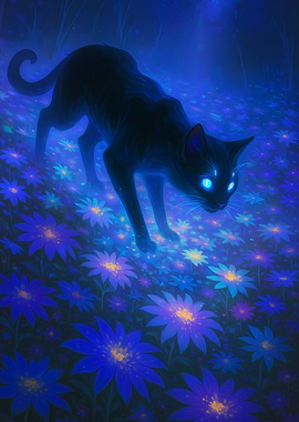 Glowing Cat in Flower Field