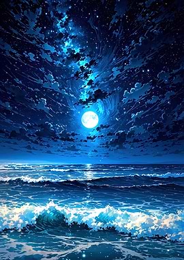 Ocean Waves Under Starry Night Sky