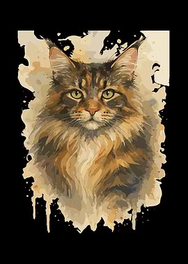Watercolor Maine Coon Cat Portrait