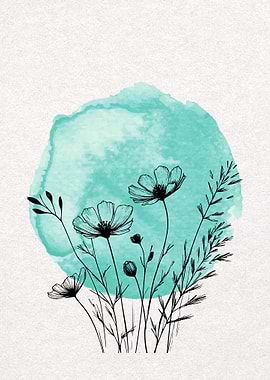 Floral Watercolor Illustration with Black Outlines