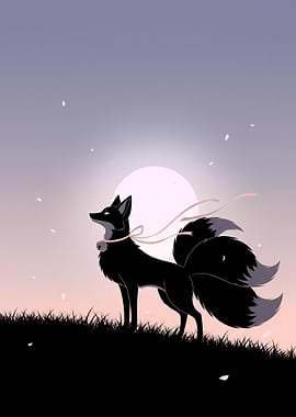 Minimalist Anime Fox Spirit Poster – Black Silhouette Under Lavender Dawn Sky