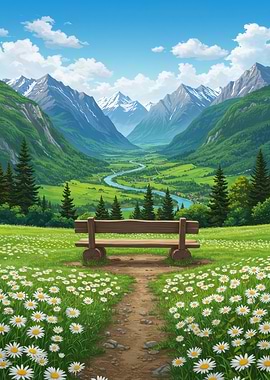 Bench in Mountain Valley Landscape