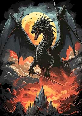 Dragon fiery landscape moon