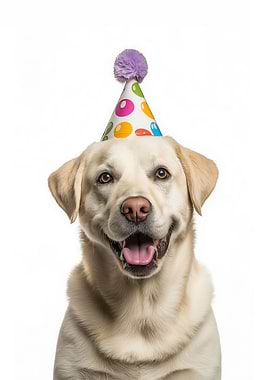 Happy Labrador with Birthday Hat