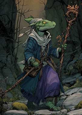 Lizardfolk Wizard in Forest Illustration
