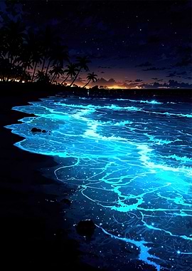 Bioluminescent Beach at Night
