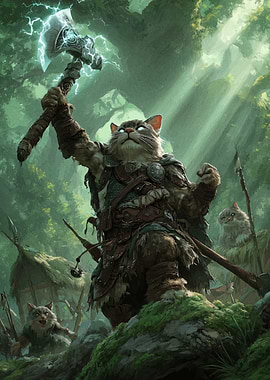 Cat Warrior with Hammer in Forest