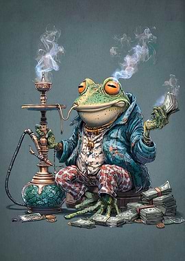 Rich Frog Smoking Hookah with Money