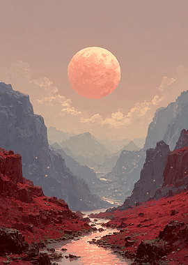 Red Valley with Moon
