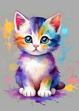 Colorful Kitten Watercolor