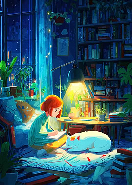 Cozy Study Scene with Cat