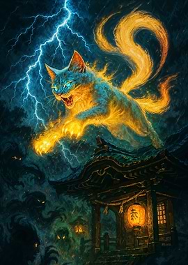 Nine-tailed Cat Spirit in Storm Over Pagoda