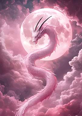 Pink Dragon with Moon and Clouds
