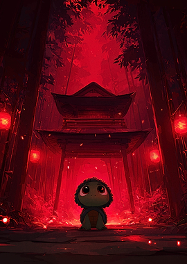 Cute Turtle in Red Japanese Forest