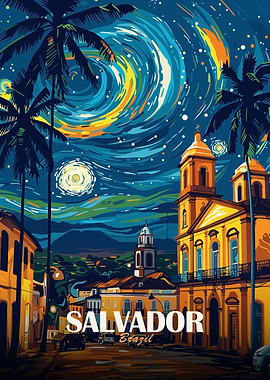 Salvador Brazil Cityscape Night Art