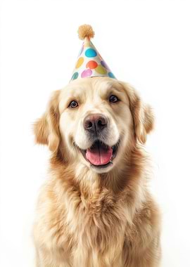 Golden Retriever with Birthday Hat