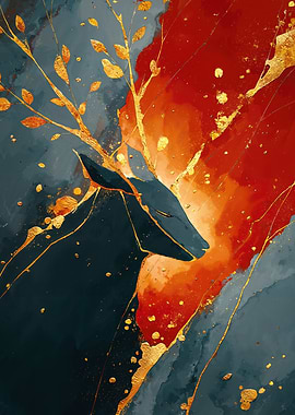 Majestic Stag Wall Art | Abstract Deer Painting with Gold Leaf & Kintsugi Style