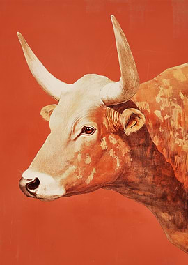 Ox Portrait on Red Background