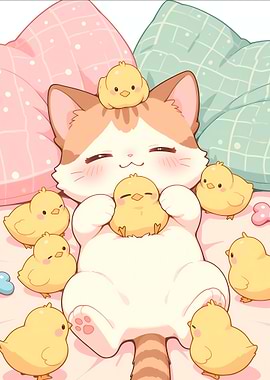 Cute Cat with Chicks Illustration