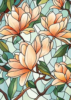Magnolia Flowers Stained Glass Style