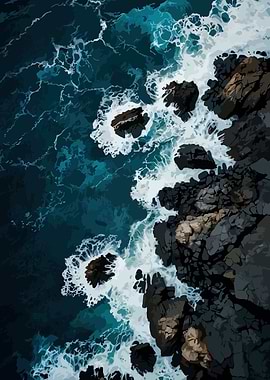 Ocean waves crashing on rocky shore