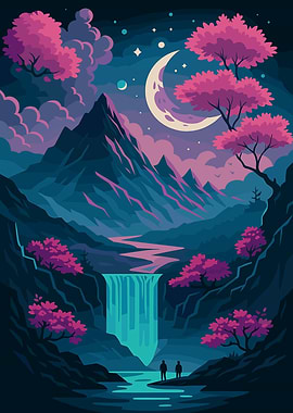 Night Landscape with Waterfall and Moon