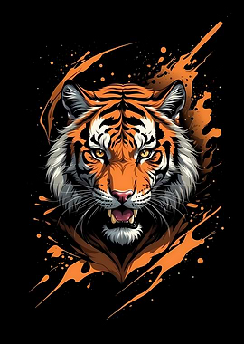 Tiger Portrait with Orange Splatter