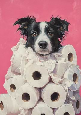 Dog in Toilet Paper Mountain Painting | Border Collie Wall Art