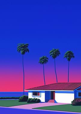 Vaporwave House With Palm Trees At Sunset