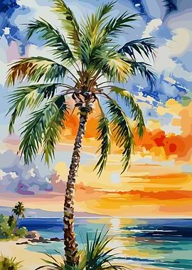 Tropical Beach Sunset Palm Tree Painting