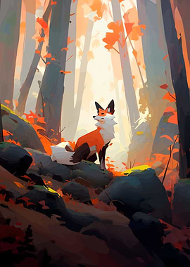 Fox in Autumn Forest Digital Art