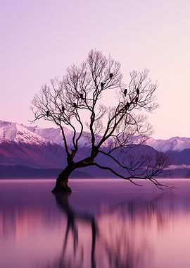 Lone Tree in Water with Birds