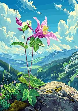 Columbine Flower in Mountain Landscape