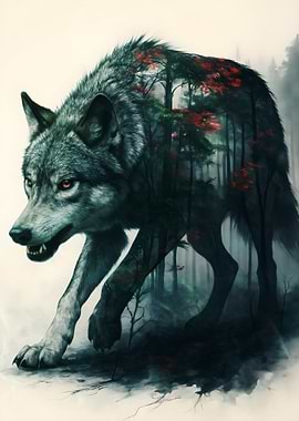 Wolf and Forest Double Exposure