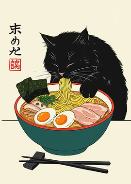 Black Cat Eating Ramen Illustration
