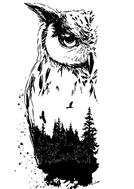 Owl and Forest Black and White