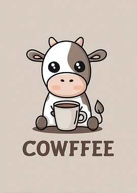 Cute Cow with Coffee Cartoon Illustration