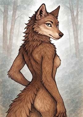 Anthropomorphic Wolf Woman in Forest