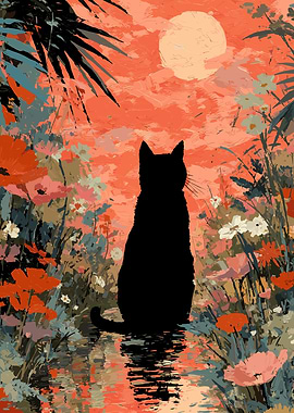 Black Cat in Floral Landscape