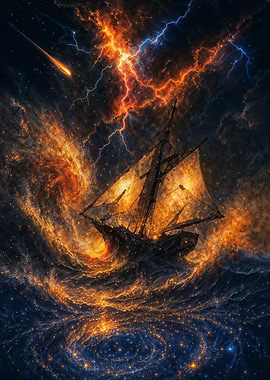 Ghost Ship in Stormy Galaxy Sea