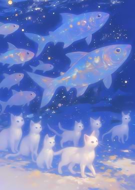 Surreal Cats and Fish Dreamscape