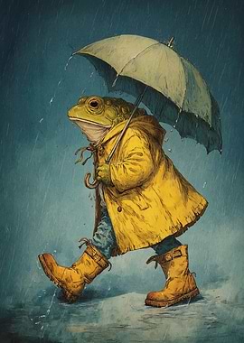 Frog in Raincoat with Umbrella