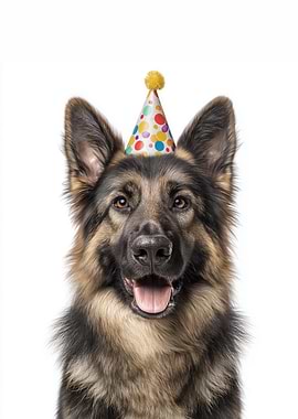 German Shepherd Dog with Party Hat Portrait